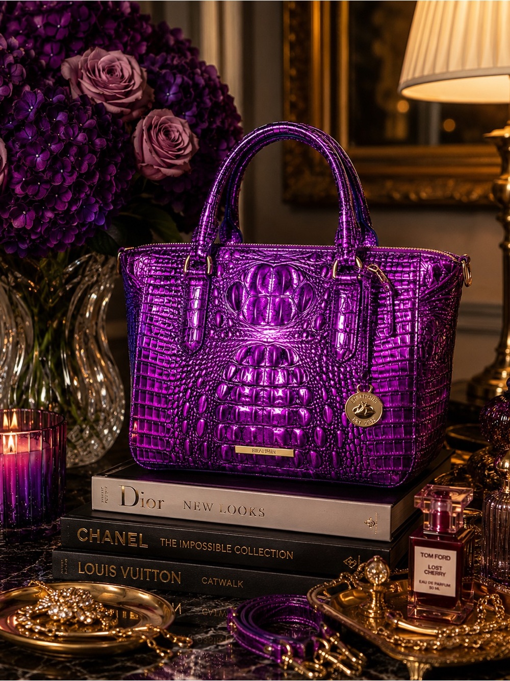Brahmin Metallic Purple Croc-Embossed Satchel